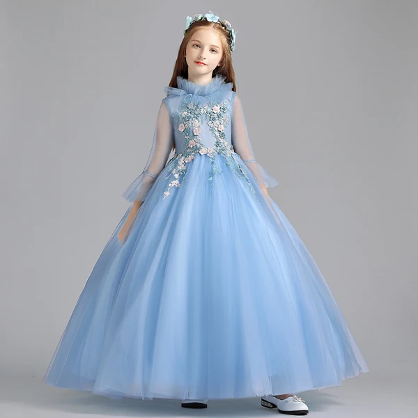 Vintage / Retro Pool Blue Flower Girl Dresses 2019 A-Line / Princess High Neck Bell sleeves Appliques Lace Pearl Floor-Length / Long Ruffle Wedding Party Dresses