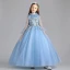 Vintage / Retro Pool Blue Flower Girl Dresses 2019 A-Line / Princess High Neck Bell sleeves Appliques Lace Pearl Floor-Length / Long Ruffle Wedding Party Dresses