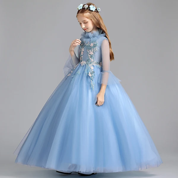 Vintage / Retro Pool Blue Flower Girl Dresses 2019 A-Line / Princess High Neck Bell sleeves Appliques Lace Pearl Floor-Length / Long Ruffle Wedding Party Dresses