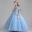 Vintage / Retro Pool Blue Flower Girl Dresses 2019 A-Line / Princess High Neck Bell sleeves Appliques Lace Pearl Floor-Length / Long Ruffle Wedding Party Dresses