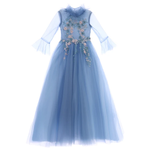 Vintage / Retro Pool Blue Flower Girl Dresses 2019 A-Line / Princess High Neck Bell sleeves Appliques Lace Pearl Floor-Length / Long Ruffle Wedding Party Dresses