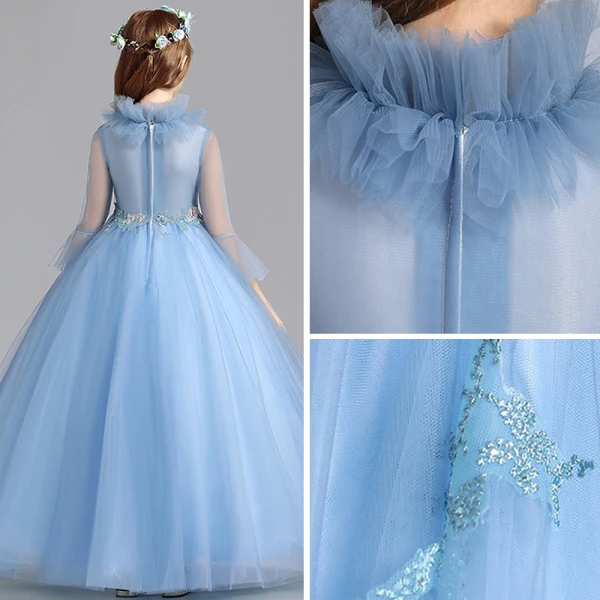 Vintage / Retro Pool Blue Flower Girl Dresses 2019 A-Line / Princess High Neck Bell sleeves Appliques Lace Pearl Floor-Length / Long Ruffle Wedding Party Dresses