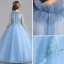 Vintage / Retro Pool Blue Flower Girl Dresses 2019 A-Line / Princess High Neck Bell sleeves Appliques Lace Pearl Floor-Length / Long Ruffle Wedding Party Dresses