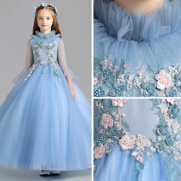 Vintage / Retro Pool Blue Flower Girl Dresses 2019 A-Line / Princess High Neck Bell sleeves Appliques Lace Pearl Floor-Length / Long Ruffle Wedding Party Dresses