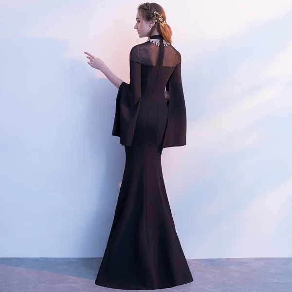 Elegant Black Evening Dresses 2018 Trumpet / Mermaid Rhinestone High Neck Long Sleeve Floor-Length / Long Formal Dresses