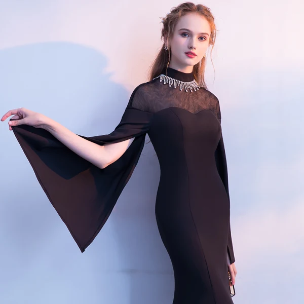 Elegant Black Evening Dresses 2018 Trumpet / Mermaid Rhinestone High Neck Long Sleeve Floor-Length / Long Formal Dresses