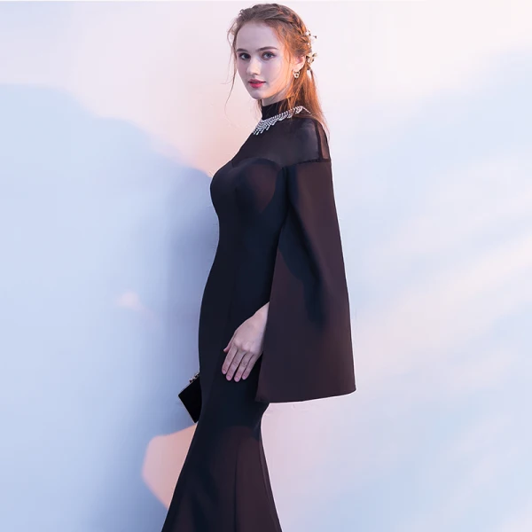 Elegant Black Evening Dresses 2018 Trumpet / Mermaid Rhinestone High Neck Long Sleeve Floor-Length / Long Formal Dresses