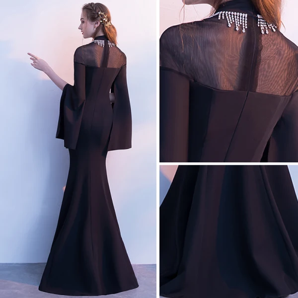 Elegant Black Evening Dresses 2018 Trumpet / Mermaid Rhinestone High Neck Long Sleeve Floor-Length / Long Formal Dresses