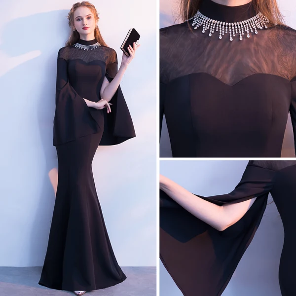 Elegant Black Evening Dresses 2018 Trumpet / Mermaid Rhinestone High Neck Long Sleeve Floor-Length / Long Formal Dresses