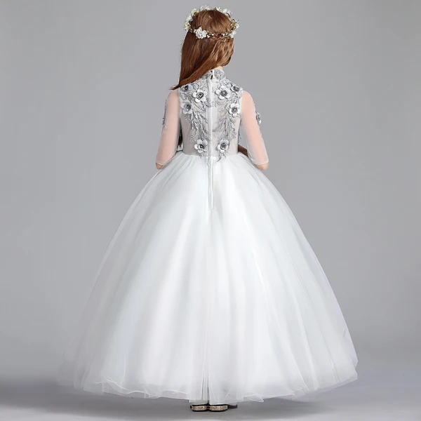 Vintage / Originale Gris Robe Ceremonie Fille 2019 Princesse Col Haut 1/2 Manches Appliques En Dentelle Perle Longue Volants Robe Pour Mariage