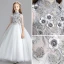 Vintage / Originale Gris Robe Ceremonie Fille 2019 Princesse Col Haut 1/2 Manches Appliques En Dentelle Perle Longue Volants Robe Pour Mariage