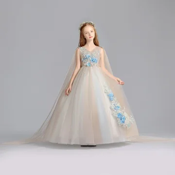 Elegante Champagne Bloemenmeisjes Jurken 2019 A Lijn V Hals Mouwloos Appliques Kant Parel Lange Ruche Jurken Voor Bruiloft