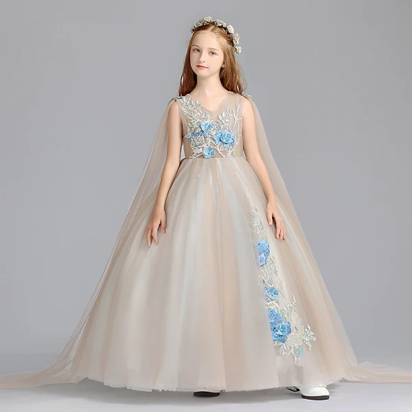 Elegante Champagner Blumenmädchenkleider 2019 A Linie V-Ausschnitt Ärmellos Applikationen Spitze Perle Lange Rüschen Kleider Für Hochzeit