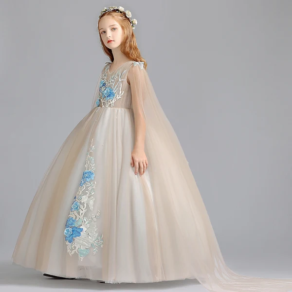 Elegante Champagner Blumenmädchenkleider 2019 A Linie V-Ausschnitt Ärmellos Applikationen Spitze Perle Lange Rüschen Kleider Für Hochzeit