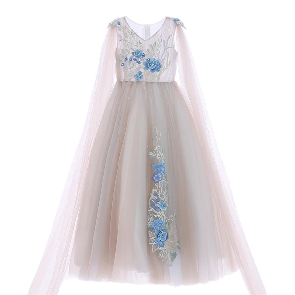 Elegante Champagner Blumenmädchenkleider 2019 A Linie V-Ausschnitt Ärmellos Applikationen Spitze Perle Lange Rüschen Kleider Für Hochzeit