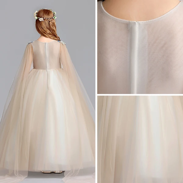 Elegante Champagner Blumenmädchenkleider 2019 A Linie V-Ausschnitt Ärmellos Applikationen Spitze Perle Lange Rüschen Kleider Für Hochzeit