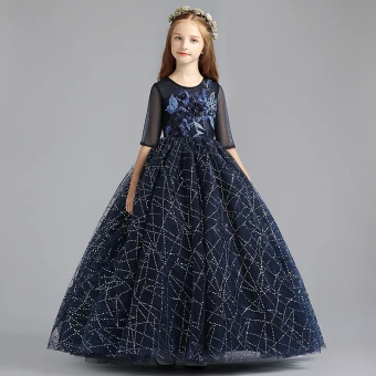 Chic Belle Bleu Marine Robe Ceremonie Fille 2019 Princesse Encolure Dégagée 1 2 Manches Appliques En Dentelle Perle Glitter Paillettes Longue Volants Robe Pour Mariage