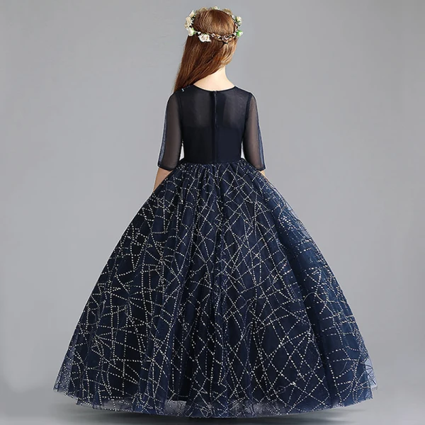 Chic / Belle Bleu Marine Robe Ceremonie Fille 2019 Princesse Encolure Dégagée 1/2 Manches Appliques En Dentelle Perle Glitter Paillettes Longue Volants Robe Pour Mariage