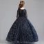 Chic / Belle Bleu Marine Robe Ceremonie Fille 2019 Princesse Encolure Dégagée 1/2 Manches Appliques En Dentelle Perle Glitter Paillettes Longue Volants Robe Pour Mariage