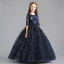 Chic / Belle Bleu Marine Robe Ceremonie Fille 2019 Princesse Encolure Dégagée 1/2 Manches Appliques En Dentelle Perle Glitter Paillettes Longue Volants Robe Pour Mariage