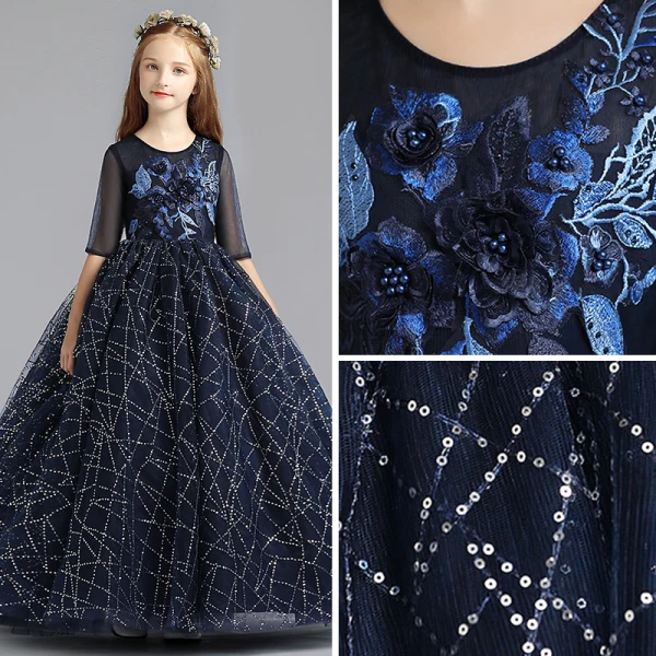 Chic / Belle Bleu Marine Robe Ceremonie Fille 2019 Princesse Encolure Dégagée 1/2 Manches Appliques En Dentelle Perle Glitter Paillettes Longue Volants Robe Pour Mariage