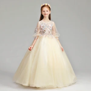 Chic Belle Champagne Robe Ceremonie Fille 2019 Princesse Encolure Dégagée Gonflée 3 4 Manches Appliques En Dentelle Perle Faux Diamant Longue Volants Robe Pour Mariage