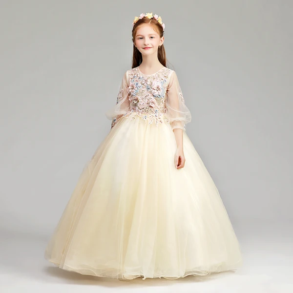 Chic / Belle Champagne Robe Ceremonie Fille 2019 Princesse Encolure Dégagée Gonflée 3/4 Manches Appliques En Dentelle Perle Faux Diamant Longue Volants Robe Pour Mariage