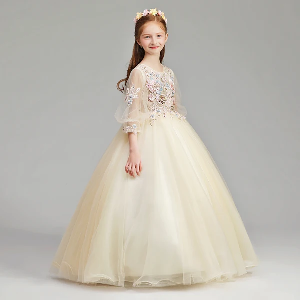 Chic / Belle Champagne Robe Ceremonie Fille 2019 Princesse Encolure Dégagée Gonflée 3/4 Manches Appliques En Dentelle Perle Faux Diamant Longue Volants Robe Pour Mariage