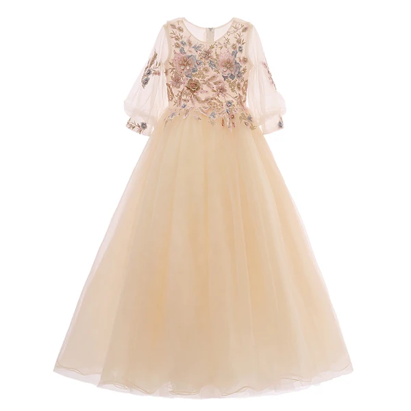 Chic / Belle Champagne Robe Ceremonie Fille 2019 Princesse Encolure Dégagée Gonflée 3/4 Manches Appliques En Dentelle Perle Faux Diamant Longue Volants Robe Pour Mariage