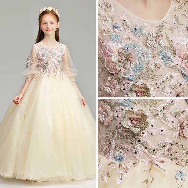Chic / Belle Champagne Robe Ceremonie Fille 2019 Princesse Encolure Dégagée Gonflée 3/4 Manches Appliques En Dentelle Perle Faux Diamant Longue Volants Robe Pour Mariage