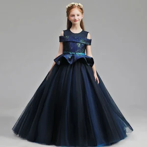 Élégant Bleu Marine Glitter Robe Ceremonie Fille 2019 Princesse Encolure Dégagée Manches Courtes Noeud Ceinture Longue Volants Robe Pour Mariage