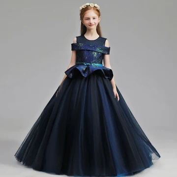 Elegant Navy Blue Glitter Flower Girl Dresses 2019 A Line Princess Scoop Neck Short Sleeve Bow Sash Floor Length Long Ruffle Wedding Party Dresses