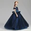 Elegant Navy Blue Glitter Flower Girl Dresses 2019 A-Line / Princess Scoop Neck Short Sleeve Bow Sash Floor-Length / Long Ruffle Wedding Party Dresses
