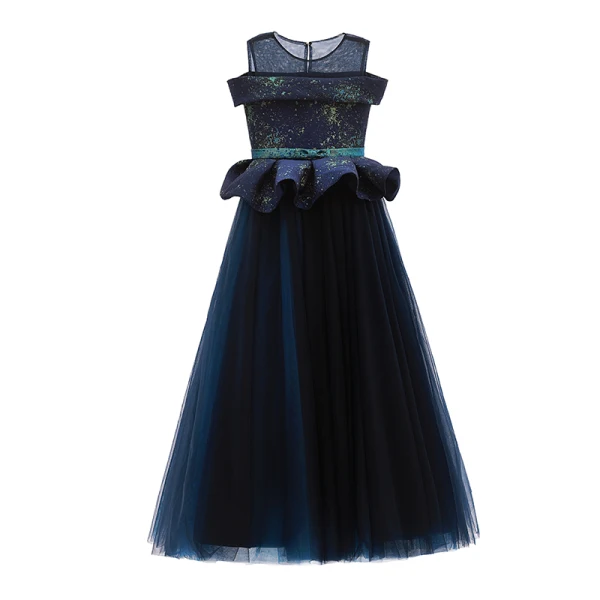Elegant Navy Blue Glitter Flower Girl Dresses 2019 A-Line / Princess Scoop Neck Short Sleeve Bow Sash Floor-Length / Long Ruffle Wedding Party Dresses