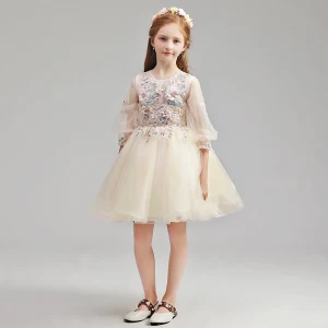 Chic Belle Champagne Robe Ceremonie Fille 2019 Princesse Encolure Dégagée Gonflée 3 4 Manches Appliques En Dentelle Perle Faux Diamant Courte Volants Robe Pour Mariage