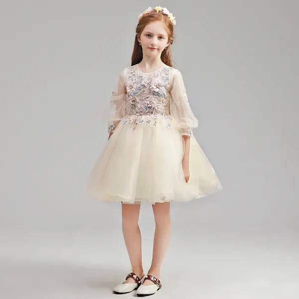 Hermoso Champ n Vestidos para ni as 2019 A Line Princess Scoop Escote Hinchado 3 4 rmer