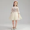 Chic / Beautiful Champagne Flower Girl Dresses 2019 A-Line / Princess Scoop Neck Puffy 3/4 Sleeve Appliques Lace Pearl Rhinestone Short Ruffle Wedding Party Dresses