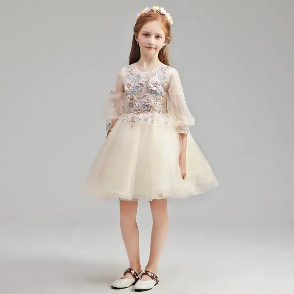 Chic / Beautiful Champagne Flower Girl Dresses 2019 A-Line / Princess Scoop Neck Puffy 3/4 Sleeve Appliques Lace Pearl Rhinestone Short Ruffle Wedding Party Dresses