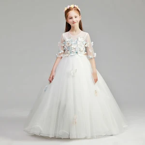 Romantic Ivory See Through Flower Girl Dresses 2019 A Line Princess Scoop Neck 1 2 Sleeves Butterfly Appliques Lace Floor Length Long Ruffle Wedding Party Dresses