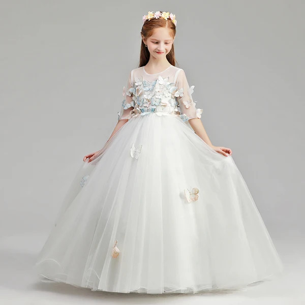 Romantic Ivory See-through Flower Girl Dresses 2019 A-Line / Princess Scoop Neck 1/2 Sleeves Butterfly Appliques Lace Floor-Length / Long Ruffle Wedding Party Dresses