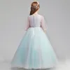 Flower Fairy Sky Blue Flower Girl Dresses 2019 A-Line / Princess Scoop Neck Puffy 3/4 Sleeve Appliques Lace Pearl Floor-Length / Long Ruffle Wedding Party Dresses