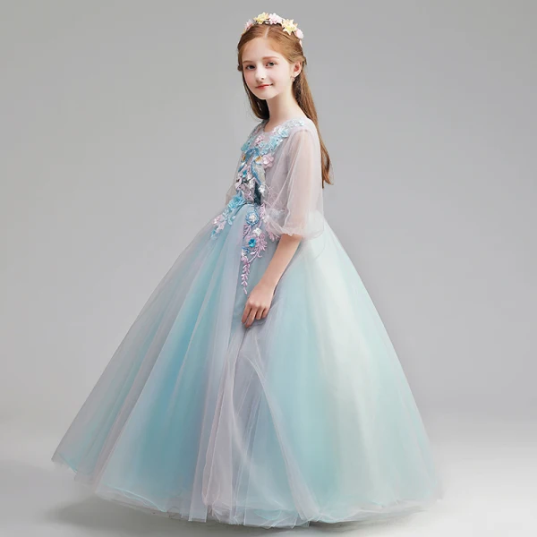 Flower Fairy Sky Blue Flower Girl Dresses 2019 A-Line / Princess Scoop Neck Puffy 3/4 Sleeve Appliques Lace Pearl Floor-Length / Long Ruffle Wedding Party Dresses