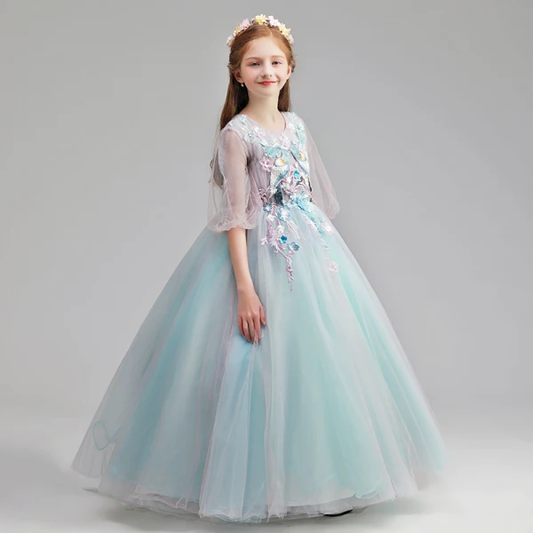 Flower Fairy Sky Blue Flower Girl Dresses 2019 A-Line / Princess Scoop Neck Puffy 3/4 Sleeve Appliques Lace Pearl Floor-Length / Long Ruffle Wedding Party Dresses