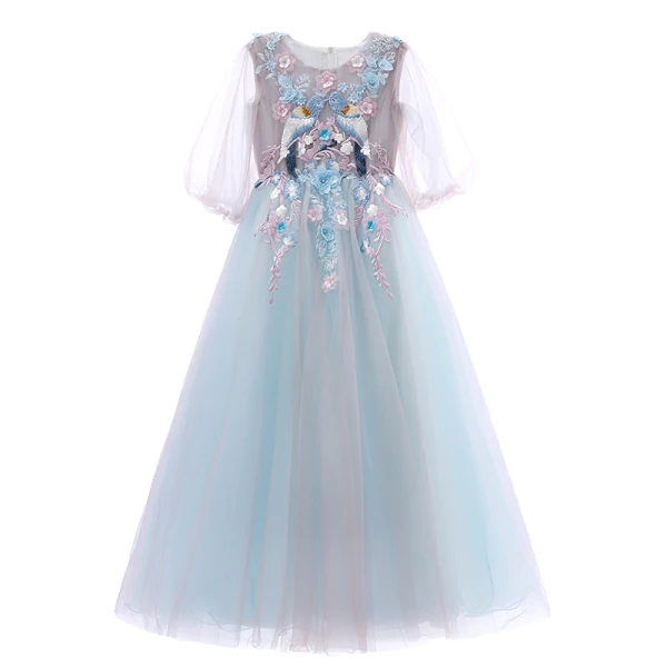Flower Fairy Sky Blue Flower Girl Dresses 2019 A-Line / Princess Scoop Neck Puffy 3/4 Sleeve Appliques Lace Pearl Floor-Length / Long Ruffle Wedding Party Dresses