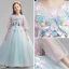 Flower Fairy Sky Blue Flower Girl Dresses 2019 A-Line / Princess Scoop Neck Puffy 3/4 Sleeve Appliques Lace Pearl Floor-Length / Long Ruffle Wedding Party Dresses