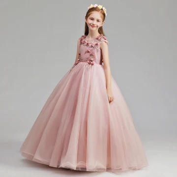 Chic Belle Perle Rose Robe Ceremonie Fille 2019 Princesse Encolure Dégagée Sans Manches Appliques En Dentelle Longue Volants Robe Pour Mariage
