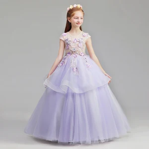 Blomma Fe Lavendel Brudnäbbsklänning 2019 Prinsessa Urringning Holkärm Appliqués Spets Pärla Rhinestone Långa Ruffle Klänning Till Bröllop