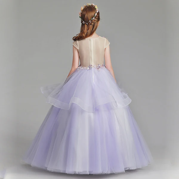 Flower Fairy Lavender Flower Girl Dresses 2019 A-Line / Princess Scoop Neck Cap Sleeves Appliques Lace Pearl Rhinestone Floor-Length / Long Ruffle Wedding Party Dresses