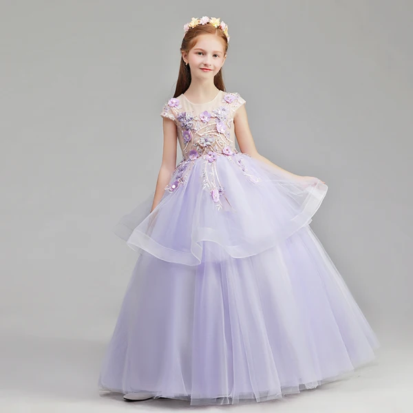 Flower Fairy Lavender Flower Girl Dresses 2019 A-Line / Princess Scoop Neck Cap Sleeves Appliques Lace Pearl Rhinestone Floor-Length / Long Ruffle Wedding Party Dresses