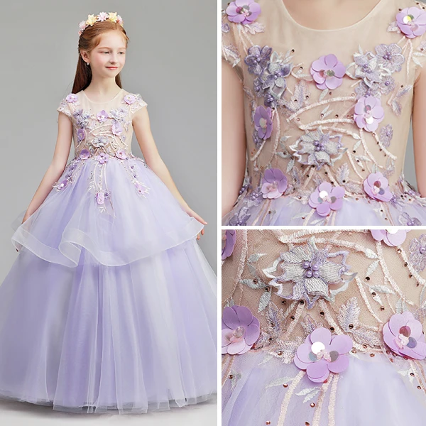 Flower Fairy Lavender Flower Girl Dresses 2019 A-Line / Princess Scoop Neck Cap Sleeves Appliques Lace Pearl Rhinestone Floor-Length / Long Ruffle Wedding Party Dresses